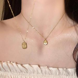 Titanium Steel Necklace Womens Fashion Simple Style Waterdrop Diamond Embedded Block Shape Allergic Not Easy to Fade