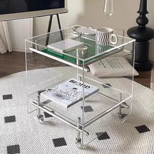ตู้เก็บของแบบเคลื่อนที่ Acrylic Coffee Table ขนาดเล็ก ชั้นวางของสำหรับนอน ชั้นวางของในห้องนั่งเล่นแบบย้อนยุค อเนกประสงค์ กระจกใส