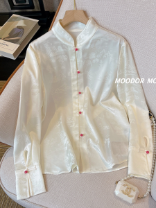 Elegant White Long Sleeve Womens Shirt Stand Collar Chinese Style National Trend Satin Surface Knitted Cardigan Special Design Sense