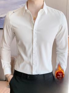 ROMON | Lormen Mens Fleece Lined Long Sleeve Shirt Business Casual Professional Workwear Iron Free White Shirt Jacket Autumn Winter New Style