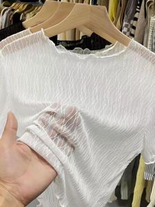 Áo Lưới Tay Ngắn Mùa Hè Cho Nữ Áo Lưới Trong Suốt Màu Đen Áo Lưới Ren Nửa Dài Áo Lưới Ren Lỗ Bướm Áo Lưới Ren Lót Bên Trong