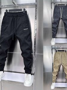 Spring Summer New Mens Patchwork Casual Pants Trendy Brand Elastic Waist Slimming Embroidery Solid Color Matchable Cuffed Pants