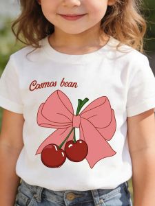 Bandai | Childrens Short-sleeved T-shirts for Boys and Girls Loose and Breathablecherry with Bow Cute Cherry Fruit Bow Cherry Decor