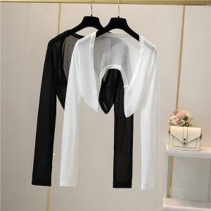 Womens Summer Ice Silk Knitted Ultra-Short Lightweight Sun Protection Clothing V-Neck Long Sleeve Regular Fit T-Shirt