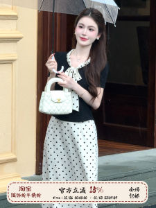 Bộ Đồ Hai Mảnh Họa Tiết Chấm Bi Đen Trắng Phong Cách Hepburn Lili French Country Garden Summer 2025 Bộ Đồ Thời Trang Nữ