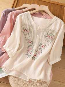 Áo Sơ Mi Vải Lanh Cotton Thêu Tay Bảy Mùa Hè Cao Cấp Cho Nữ Dáng Rộng Cổ Chữ V Chất Liệu Khác Kiểu Dáng Thường Ngày Áo Sơ Mi Nhỏ Che Giấu Mỡ