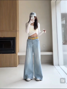 Light blue wide-leg jeans for women summer new high waist loose elastic A-line flared pants