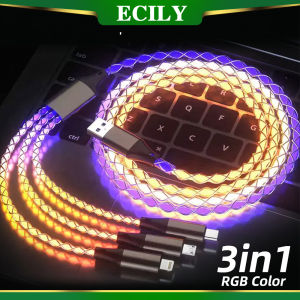 ECILY 3 in 1 6A 66W Luminous Cable Fast Charging Cable USB to Type-C/Micro USB/i-OS Charger Cable RGB LED Lights Color Glow Data Cable For Samsung i-Phone Xiaomi