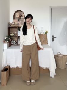 Loose High Waist Straight Leg Pants Womens Khaki Wide Leg Long Trousers Autumn New Style Slimming Casual Pants for Plump Sister