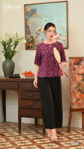 Áo kiểu thiết kế thanh lịch sang trọng với chất liệu Gấm cao cấp họa tiết cúc mai dệt nổi mềm mịn AN4L1158 Thương hiệu Thiều Hoa