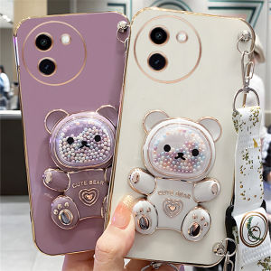 Phone Case VIVO V30e Y18 Y18s Y38 IQOO Z9 Z9X 5G Cute Colorful Beads Bear Phone Holder Electroplated Casing with Lanyard Lens Protection Shockproof Soft Cover 2024