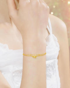 ZHOU LIU FU 周六福 750/18K Yellow Gold Bracelet Bow Beaded Bracelet Double Chain Timeless Daily Jewelry for Women Girl C0715207
