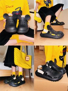 Womens Outdoor Anti-Slip Disney Mickey Hole Shoe Two-Way Beach Sandals Summer Cover-Up Slippers Hollow out Korean Style EVA