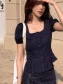 Áo Nữ Elegante Thời Trang Cổ Vuông Tay Bồng Ngắn Ôm Sát Pháp. 