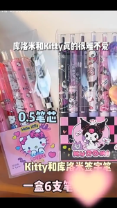 LVYIMAO ปากกากด Sanrio 6ชิ้น/กล่องปากกาการ์ตูน Kuromi Hello Kitty คุณภาพสูงสีดำ0.5มม. ปากกาเรซิ่นเขียนลื่นอุปกรณ์เครื่องเขียนนักเรียนสำนักงานโรงเรียนปากกา