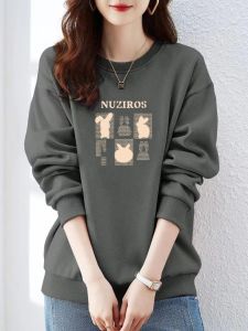 เสื้อฮู้ดคอกลมแขนยาวผ้าฝ้ายแท้สำหรับผู้หญิง ดีไซน์เกาหลี ทรงหลวม ดีไซน์พิมพ์ลาย ทรงหลวม เสื้อฮู้ดคอกลมแบบสวมหัว