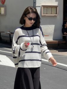 YUFUQING | Laid-back Style Womens White Round Neck Long Sleeve Striped Knitwear Casual Loose Fit Versatile Top For Early Autumn Commute