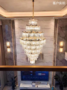 Luxury Crystal Chandelier Villa Living Room Large Pendant Light Loft Hollow Rotating Staircase Long Pendant Light Iron Material