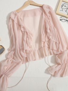 Womens Summer New Style Sun Protection Shirt Chiffon Bell Sleeve Tie Waist Open Cardigan Fairy Shawl Short Outerwear
