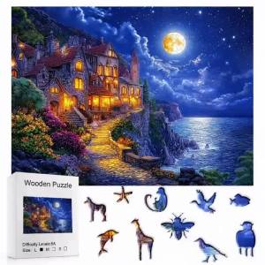 Moonlit Coastal Castle Wooden Jigsaw Puzzle with Unique Animal-Shaped Pieces Challenging Puzzle for Adults Ideal Gift & Home D