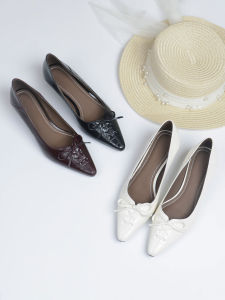 French Bow Square Toe Mid Heel Single Shoes Leather Soft Sole