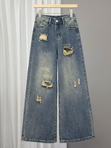 High Waist Straight Leg Denim Jeans Womens Spring Autumn 2025 New American Retro Hole Punch Wide Leg Pants Short Size