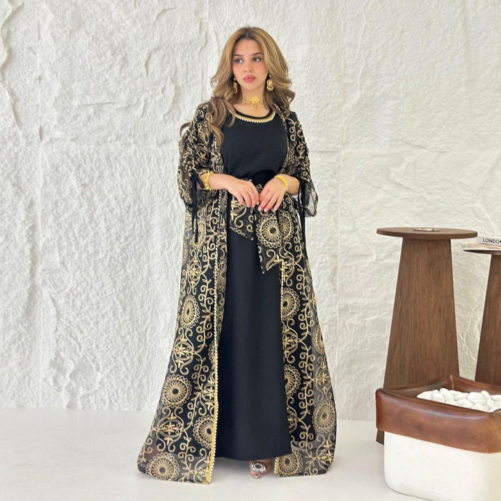 Black Muslim Two piece Exquisite Gold Floral Embroidery Tied Sleeve Detail Elegant Dress for Ramadan Eid Saudi Arabian Trends