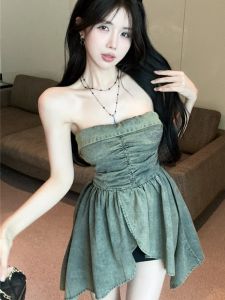 GUZILIAN | Unique Beautiful Irregular Denim Strap Vest Women Summer Thai Spicy Girl One Shoulder Tube Top Small Top Korean Style Slim Fit
