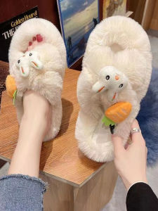 Fluffy Slippers Womens Outwear 2024 New Arrival K-style Ins Fashion Shoes Internet Celebrity Fall and Winter Word Thick-Soled Cotton Slippers Household
