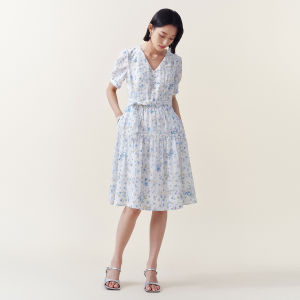 V·grass/V-GRASS | Đầm V-neck Hoa Nước Bọt Gấm Phong Cách Nghỉ Dưỡng