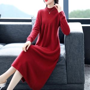 Mid-Length Knitted Cashmere Sweater Womens Loose Long Sleeve Pullover Semi-High Round Neck Pure Color Top for Autumn Winter
