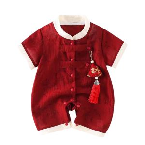 New Year Baby Romper Short Sleeve Thin Cotton Blend Chinese Style Clothes Full Month Hundred Days Newborn Celebration Outfit