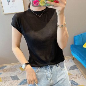 Fashionable Ice Silk Knitted Short Sleeve Womens T-Shirt Beautiful Inner Wear Top Korean Style round Neck Loose Fit Summer New Arrival