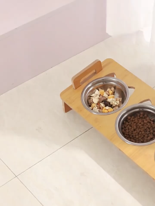 Happy Everyday.you Ergonomic Pet Feeder Bowl Cat Food Bowl Dog Water Bowl Tahan Lama Wooden Stand Anti Slip Elevated Tilted Neck Support Portable Handle Stainless Steel Three Bowls