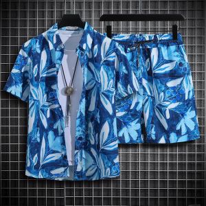 Summer Ice Silk Set for Men and Women Quick Dry Short Sleeve Shirt with Floral Details Beach Couple Two-Piece Suit Shorts
