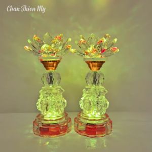 Đèn Thờ Hoa Sen Pha Lê CHÂN THIỆN MỸ Đèn Có Led 7 Màu Trang Trí Bàn Thờ Phật Gia Tiên HSPL-19