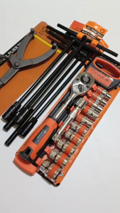 PAKET PROMO Sanjose Kunci Shock Sok Set 12 Pcs 8-24mm 1/2" 6pt Gagang Rachet CR-V + Kunci Sok T Set 5 Pcs Lengkap + Kunci CVT Tahanan CVT Matic Flexible Type Y / kunci shock set