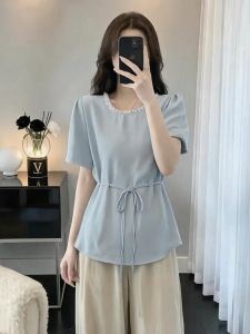 Beaded Short Sleeve Slimming Womens Blouse