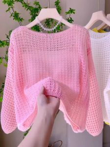 Sweet Pink Lace Knitted Top Womens One Shoulder Long Sleeve Thin Shawl Cover up Summer New Arrival Korean Style Loose Fit