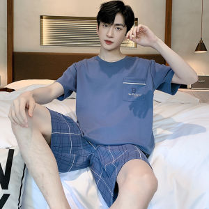 Mens Summer Pure Cotton Sleepwear Short Sleeve Home Clothes Set Handsome Youth Casual Comfortable Breathable Nightgown