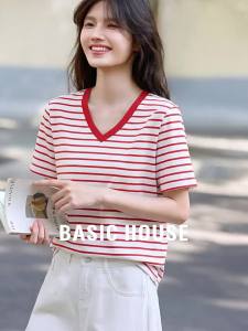 Basic House | Chic Red Striped V-Neck Short Sleeve T-Shirt Female