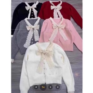 Red Lace Butterfly Knot Short Knitted Sweater Womens Autumn Winter Loose Fit Cardigan Warm round Neck Single Button Closure