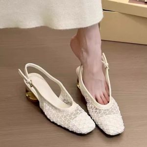 IELGY French Woven Hollow Sandals for Women with A New Design Crystal Single