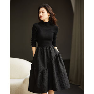 Phong Cách Hebden Vintage Kiểu Pháp Màu Đen Dệt Kim Cổ Tròn Dài Tay Phồng Đầm Chất Liệu Kết Cấu Chân Váy Midi Phiên Bản Hàn Quốc Làm Nóng Ấm Áp