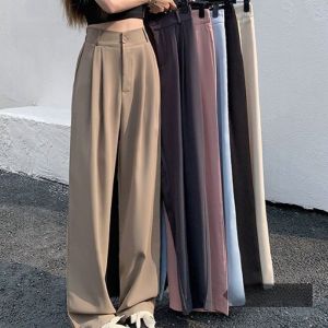 Black Elastic Waist Loose Casual Pants Women High Waist Drapey Long Trousers Fashionable Summer Suit Pants Polyester Fiber