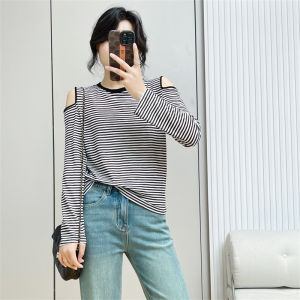 เสื้อยืดลายทางแขนยาวผ้าฝ้ายสำหรับผู้หญิง ฤดูใบไม้ร่วง 2025 แขนกุด ทรงหลวม หวาน สไตล์ลำลอง เสื้อยืดคอกลม