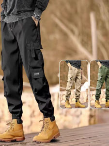 Outdoor Mens Loose Fit Lightweight Summer Work Trousers Multi-Pocket Sports Pants Casual Nine-Point Fleece-Lined Cargo Pants