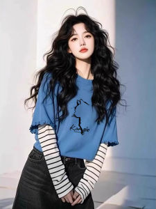 Color Block Fake Two-Piece Crew Neck T-Shirt Loose Fit Pure Cotton Early Autumn Korean Style Fashion Womens Top