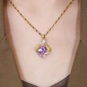 Elegant Purple Crystal Titanium Steel Necklace Womens Simple Stylish Lockbone Chain Necklace Fashionable New 2024 Jewelry