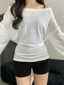 White Summer Lightweight Sun Protection Shirt Womens Loose T-Shirt Shoulder Exposure Thin Veil Top Lazy Style New 2025